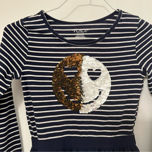 Girls Flip Sequin Dress Smiley Face Blue White Stripe The Childrens Place 7/8 M - Picture 8 of 11